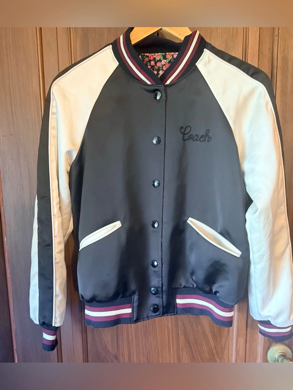 COACH Women’s Bomber REVERSIBLE Varsity Jacket Floral Print Colorblock Satin